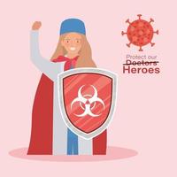 woman doctor hero with cape and shield against 2019 vector design