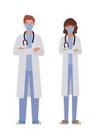 Man and woman doctors with masks against 2019 ncov virus vector design