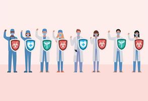 men and women doctors heroes with shields against 2019 ncov virus vector design