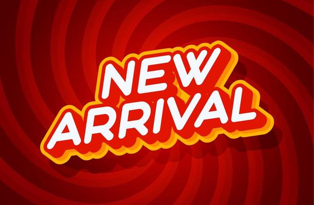 new arrival red and yellow text effect template with 3d type style and retro concept swirl red background vector illustration.