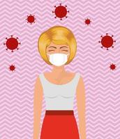 Pop art woman with mask over striped background vector design