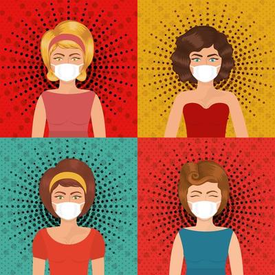 Pop art women with masks over pointed background vector design