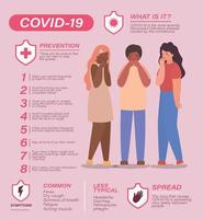 Covid 19 virus prevention tips and women avatars vector design