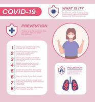 Consejos para la prevención del virus covid 19 y avatar de mujer con diseño de vector de máscara