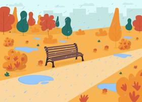 Rain in autumn park flat color vector illustration