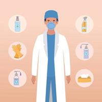 Man doctor with mask and hygiene products against 2019 ncov virus vector design