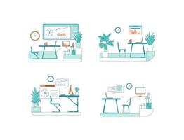 Office spaces flat color vector scene set