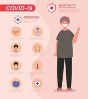 Covid 19 virus prevention tips and man avatar with mask vector design