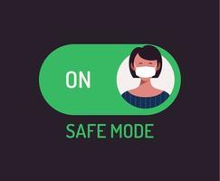 Face mask safe mode switch toggle. Flat vector illustration with character person avatar on face mask on green button.