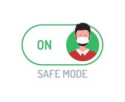 Face mask safe mode switch toggle. Flat vector illustration with character person avatar on face mask on green button.