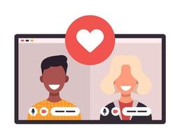 concepto de aplicación de citas en línea con hombre y mujer. Ilustración de vector plano de relación multicultural con mujer rubia blanca y hombre africano en la pantalla de la tableta.