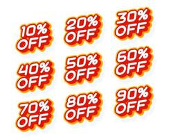 Sale percentage set 10 20 30 off and other red and yellow label template with 3d type style isolated on white background vector illustration.