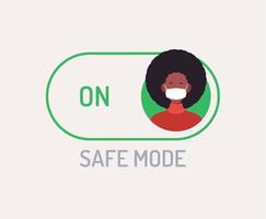 palanca del interruptor del modo seguro de la máscara facial. Ilustración de vector plano con avatar de persona de carácter en mascarilla en botón verde.