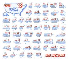 Set of 50 US states. Presidential vote in USA 2020 vector illustration. State map with text to vote and red tick or check mark of choice. Sticker Isolated on a white background.