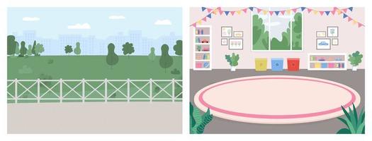 Playroom and recreation spot flat color vector illustration set