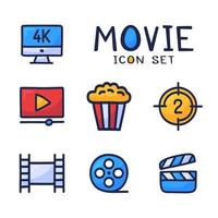 conjunto simple de iconos de contorno de dibujos animados vectoriales relacionados con el cine. contiene íconos como películas 4k, palomitas de maíz, videoclips y más. mano dibujar ilustración vectorial vector