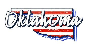 bandera americana en el mapa del estado de oklahoma. estilo grunge vector con tipografía letras dibujadas a mano oklahoma en mapa en forma de bandera nacional americana vintage grunge antiguo aislado sobre fondo blanco