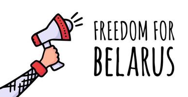 Freedom for Belarus on the poster. Protests in Belarus after the 2020 presidential elections. A raised speaker vector