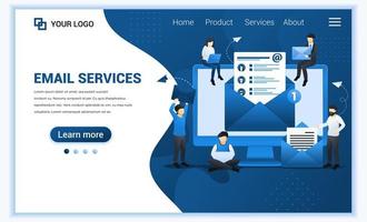 Landing page template of Email marketing, mailing services with people work on device. Modern flat web page design concept for website and mobile website. Vector illustration
