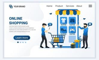 ilustración vectorial del concepto de compras en línea. hombres jóvenes comprando productos en la tienda de aplicaciones en línea. diseño de plantilla de página de destino web plana moderna para sitio web y sitio web móvil. estilo de dibujos animados plana vector