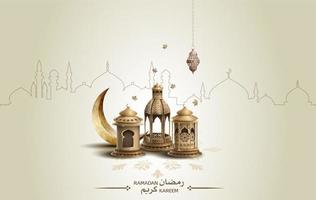 islamic greeting eid mubarak card design with beautiful gold lanterns and crescent moon vector