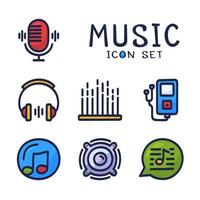 Conjunto de dibujos animados dibujados a mano de iconos de líneas vectoriales relacionadas con el audio de la música. contiene iconos como nota, disco, micrófono y más. vector