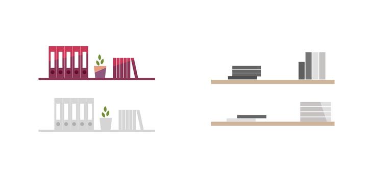 Folders and book on shelves objects vector