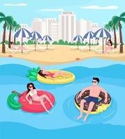 Young people relaxing at beach flat color vector illustration