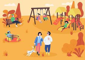 Autumn playpark with visitors flat color vector illustration