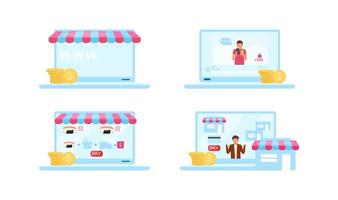 Online markets flat objects set vector