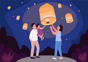 Sky lantern festival flat color vector illustration