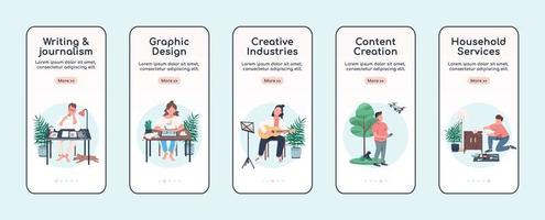 Creative activities onboarding mobile app screen flat vector template