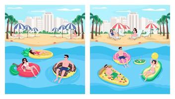 People floating on inflatables flat color vector illustration set