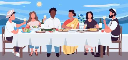 Multicultural dinner flat color vector illustration