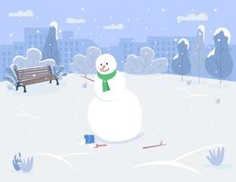 Snowman in urban park semi flat vector illustration