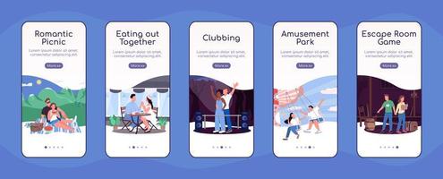 Fun date ideas onboarding mobile app screen flat vector template