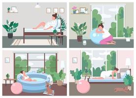 Place for childbirth at home flat color vector illustration set