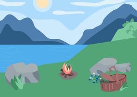 Picnic in mountains flat color vector illustration