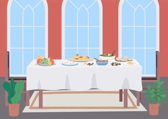 Luxury dinner table flat color vector illustration