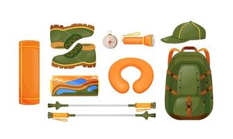 Hiking equipment flat color vector objects set
