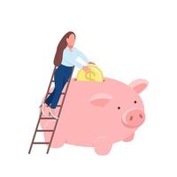 Woman putting coin in piggy bank flat concept vector illustration