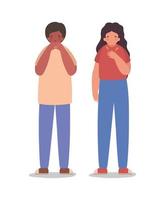 Girl and boy avatar with fatigue and dry cough vector design