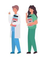 Woman and man doctor with uniforms and medicine jar vector design