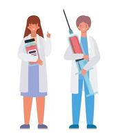 Woman and man doctor with uniform injection and medicine jar vector design