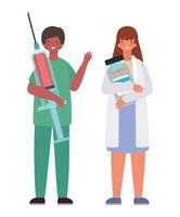 Woman and man doctor with uniform injection and medicine jar vector design