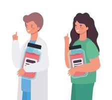 Woman and man doctor with uniforms and medicine jar vector design