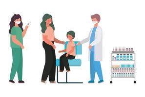 male and female doctors vaccinating boy and mother vector design
