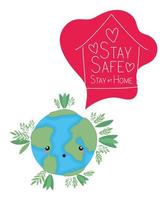 kawaii world cartoon and stay safe and at home text vector design