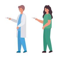 Woman and man doctor with uniform and injection vector design