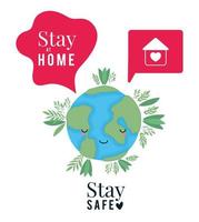 kawaii world cartoon and stay at home and safe text vector design